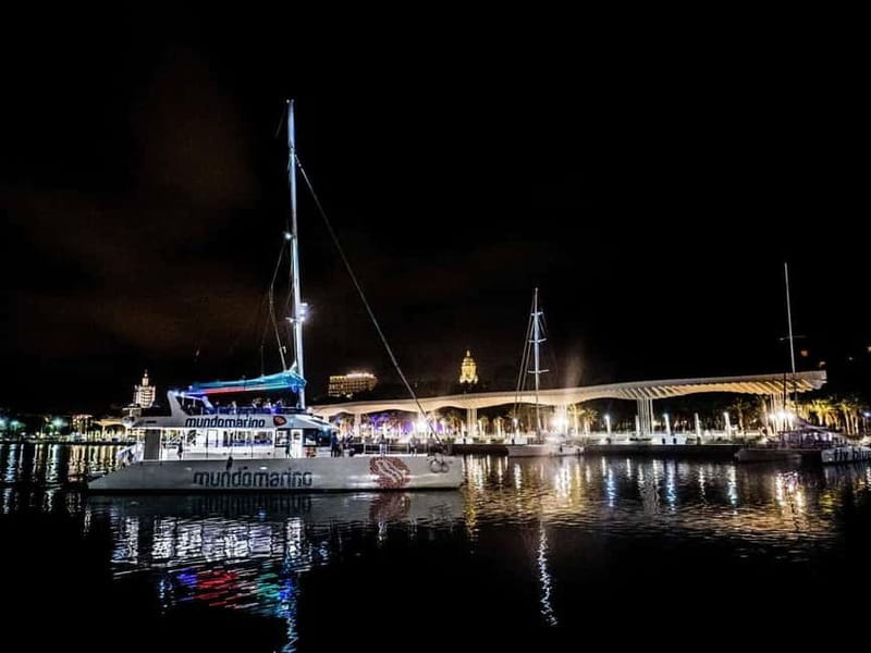 Malaga: Sailing Catamaran Sunset Cruise with Live DJ & Drink - The light show and Málaga after dark